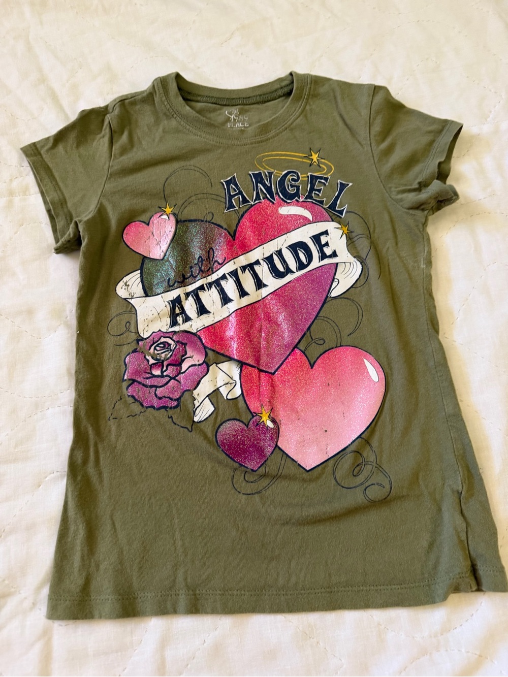 The Children's Place Olive Green Graphic Tee with Pink Hearts